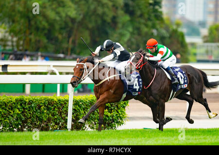 Sha Tin, de nouveaux territoires, aux États-Unis. 9Th Mar, 2018. HONG KONG, Sha Tin-Décembre 09 : # 4 Exultante, montée par Zac Purton, remporte le Vase de Hong Kong à l'hippodrome de Sha Tin, le 9 décembre 2018 à Sha Tin, de nouveaux territoires, à Hong Kong. Kaz Ishida/Eclipse Sportswire/CSM/Alamy Live News Banque D'Images