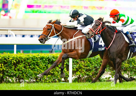 Sha Tin, de nouveaux territoires, aux États-Unis. 9Th Mar, 2018. HONG KONG, Sha Tin-Décembre 09 : # 4 Exultante, montée par Zac Purton, remporte le Vase de Hong Kong à l'hippodrome de Sha Tin, le 9 décembre 2018 à Sha Tin, de nouveaux territoires, à Hong Kong. Kaz Ishida/Eclipse Sportswire/CSM/Alamy Live News Banque D'Images