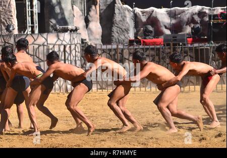 Kisama, Nagaland. 11Th Feb 2018. Membre de la tribu Naga de Sumi effectue le dernier jour de la statue d'festival au Village du patrimoine de Naga Kisama, quelques 10 kms de Kohima, la capitale de l'Inde du nord-est de l'état de Nagaland. Credit : Caisii Mao/Alamy Live News Banque D'Images