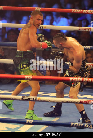 Champion du monde Vassily Lomachenko léger de l'Ukraine (en vert les lignes) en action au cours de l'unification titre lutte contre Jose Pedraza Banque D'Images