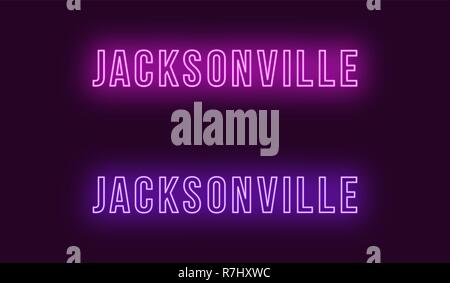 Nom de néon dans la ville de Jacksonville USA. Le texte vectoriel de Jacksonville, inscription au néon avec rétro-éclairage en gras, pourpre et violet couleurs. Isolé Illustration de Vecteur