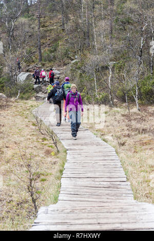 PREIKESTOLHYTTA , Norvège - 13 MAI 2017 : les touristes sur le sentier à Preikestolen le 13 mai 2017 dans Preikestolhytta. Preikestolen est un célèbre site touristique attrac Banque D'Images