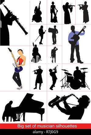 Grand ensemble de musiciens de silhouettes. Orcestra Illustration de Vecteur