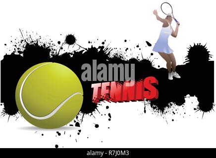 Tennis Grunge poster avec balle de tennis et joueur. Vector illustration Illustration de Vecteur