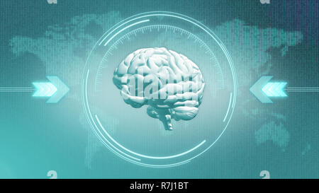 Cerveau et lightbulb HUD en rendu 3D illustration n'avant de la carte numérique du monde Banque D'Images