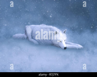 Le rendu 3D d'un majestueux loup blanc couché sur le sol et dormir entouré de neige magique. Banque D'Images