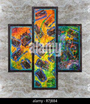 Abstract colorful peinture à l'huile sur toile peinte par Attila Hajnal, accroché sur un mur de béton Banque D'Images