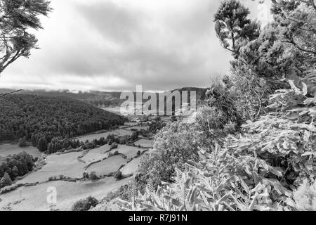 Le noir et blanc sur les terres agricoles et les pâturages dans la caldeira de Sete Cidades dans les Açores. Banque D'Images