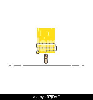 Un rouleau avec de la peinture jaune et chute de style de ligne. Une trace de taches de peinture sur le mur et. Outil de construction ou de réparation. Artisanat d'art de l'objet. Illustration de Vecteur