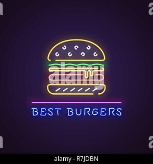 Hamburger au néon. Enseigne au néon lumineux de big burger. meilleurs hamburgers lettres rougeoyer en couleurs rétro. Restaurant Fast food concept. Illustration de Vecteur
