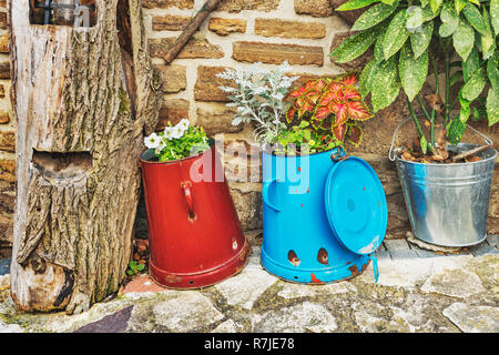 En face d'un mur sont colorés pots et seaux. Il est planté dans le pétunia et autres plantes ornementales, Tihany, Veszprem comté, Central Transdanubia, Banque D'Images