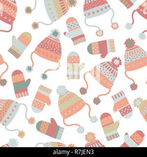 Fond d'hiver vectoriel continu avec des chapeaux et des mitaines. Avec les vêtements tricotés dans des tons pastel. La conception des vêtements d'hiver, plat de style scandinave. Utiliser pour le papier, cartes, bannières, affiches, tissu Illustration de Vecteur