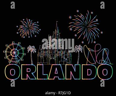 Lettrage coloré d'Orlando sur fond noir . Scénario avec icônes de voyage et d'artifice. Carte Postale d'art. Illustration de Vecteur