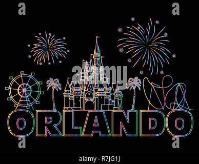 Lettrage coloré d'Orlando sur fond noir . Scénario avec billet d'icônes. Carte postale de voyage. Illustration de Vecteur