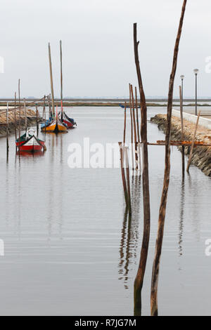 AVEIRO, PORTUGAL : bateaux typiques à Ria de Aveiro (Portugal) le 31 juillet 2013. La pêche et l'activité de collecte des algues ces bateaux sont pa Banque D'Images