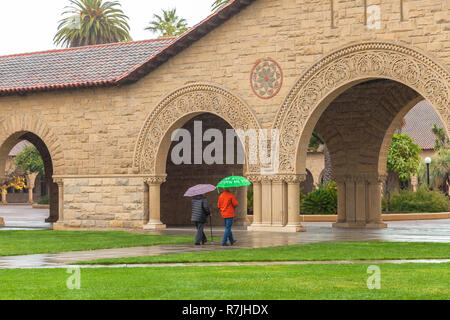 Deux anciens à pied dans le campus de Stanford sous la pluie Banque D'Images