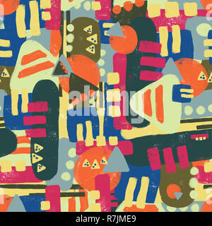 Résumé motif transparent coloré avec des formes différentes. Fun abstract texture avec le résumé des points, triangles, blocs. Fun géométrique moderne vert, orange, rose, bleu, fond jaune. Décoration, tissu Banque D'Images