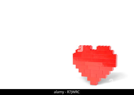Vue latérale d'un cœur rouge avec l'ombre, faite de briques de construction de jouets, isolé sur fond blanc. Copier l'espace. Banque D'Images