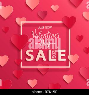 Valentines Day vente fond, modèle d'affiche avec cadre carré. Résumé fond rose avec des coeurs ornements de papier, origami. Discount flyer, carte pour février 14.Vector illustration. Illustration de Vecteur