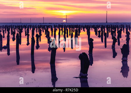 Beau paysage coucher du soleil doré rouge ciel solt. Baskunchak Elton Saline lake Le soleil se couche derrière l'horizon Banque D'Images