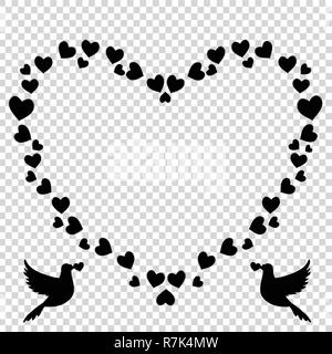 Vector retro vintage noir en forme de coeur cadre photo à la frontière des coeurs avec aimer colombes pigeons couple silhouette. Modèle pour la Saint-Valentin, mariage Illustration de Vecteur