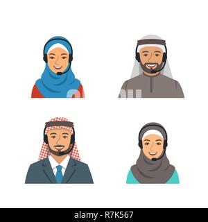 Les agents du centre arabe de télévision des avatars. Les opérateurs de chat en direct, les hommes et les femmes les visages de sourire. Service de support client en ligne avec écouteurs intra. Etymotic perso. Illustration de Vecteur