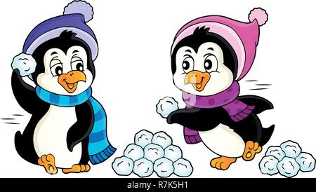 Pingouins jouant avec l'image de la neige 1 - eps10 vector illustration. Illustration de Vecteur