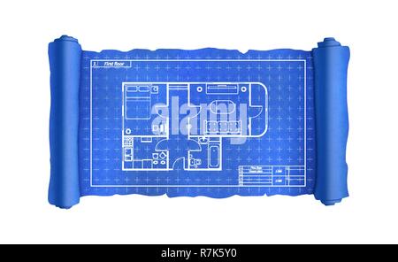 Faites défiler avec plan de maison avec des meubles, Blueprint on white Illustration de Vecteur