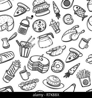 Cartoon cute food et ustensiles sur fond blanc. Modèle sans couture. Illustration linéaire. Pour zentangle livre. L'heure du petit-déjeuner Illustration de Vecteur