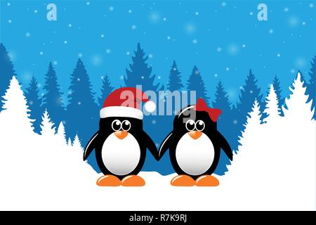 Deux pingouins de noël mignon on snowy winter forest background vector illustration EPS10 Illustration de Vecteur