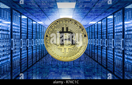 Coin bitcoin dans la batterie de serveurs modernes de l'image de rendu 3D Banque D'Images
