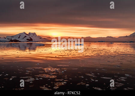Coucher de soleil sur le lagon des icebergs à la dérive de l'Antarctique avec la neige et les pics dans l'arrière-plan, le Canal Lemaire, l'Antarctique Banque D'Images