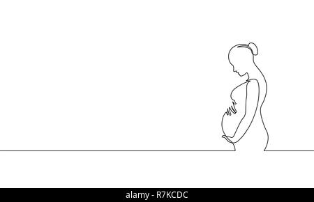 Femme enceinte seule ligne art. Medicine health care silhouette saine grossesse holding belly titre concept design un croquis dessin contour blanc vector illustration Illustration de Vecteur