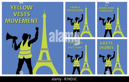 Gilets femme manifestant jaune porte-voix avec en face de la Tour Eiffel. Tous les objets sont dans des couches différentes et les types de texte n'ont pas besoin de police. Illustration de Vecteur