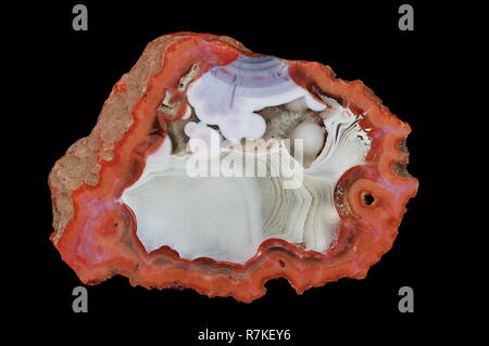 Une section de l'agate. Au centre une calcédoine blanche est entrelacée de gris, quartz transparent. Lamination calcédoine se produit. Origine : Maroc. Banque D'Images