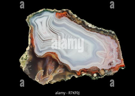 Une section de l'agate.une calcédoine blanche est entrelacée de Gray, transparent quartz, calcédoine lamination se produit. Origine : Agouin, montagnes de l'Atlas Banque D'Images