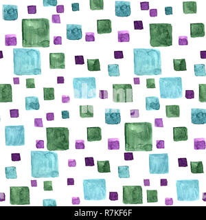 Motif transparent brillant avec aquarelle des rectangles et des carrés. Vert et Bleu couleurs tendance. Dessiner à main texture sur blanc. Banque D'Images