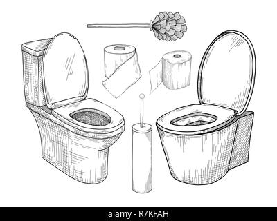 Croquis de la cuvette des toilettes et autres articles de toilette isolé sur fond blanc. Vector Illustration de Vecteur