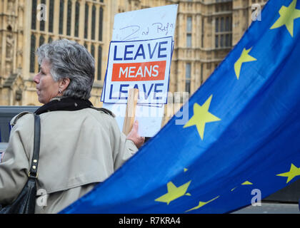 Westminster London, UK, 10 décembre 2018. Des militants de l'Anti-Brexit' ou 'demeurent, ainsi que les militants de la "laisser signifie laisser ', qui veulent quitter l'UE, sont de manifestations devant les Chambres du Parlement à Westminster avec des pancartes, des banderoles et des chants. Les deux parties semblent clairement rejeter l'Brexit offert "donner". Credit : Imageplotter News et Sports/Alamy Live News Banque D'Images