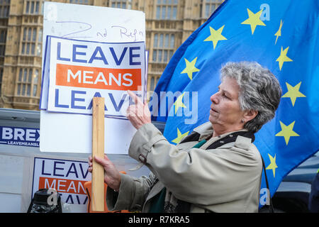 Westminster London, UK, 10 décembre 2018. Des militants de l'Anti-Brexit' ou 'demeurent, ainsi que les militants de la "laisser signifie laisser ', qui veulent quitter l'UE, sont de manifestations devant les Chambres du Parlement à Westminster avec des pancartes, des banderoles et des chants. Les deux parties semblent clairement rejeter l'Brexit offert "donner". Credit : Imageplotter News et Sports/Alamy Live News Banque D'Images