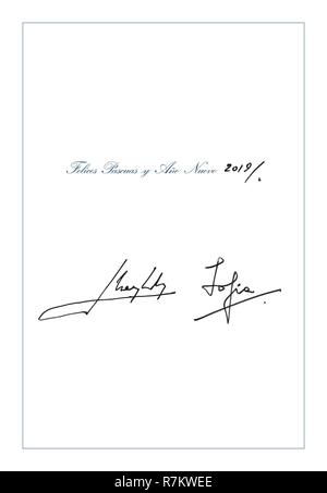 Le Roi Juan Carlos Ier et de Sofia de Grèce avec leurs filles la princesse Leonor et l'Infante Sofia lors d'une carte de Noël. 10/12/2018 Banque D'Images