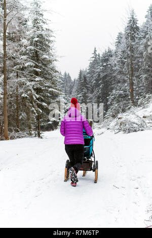 Maman avec poussette de bébé profiter de la maternité dans la forêt d'hiver, paysage montagneux. Randonnées femme avec la pram de traîneau en bois. Belle Neige en hiver Banque D'Images