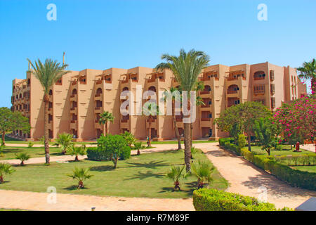 Pelouse à l'ombre des palmiers de resort en Égypte. Hôtel les territoire. Sentier entre l'herbe verte en territoire d'hôtel 5 étoiles. Beau Banque D'Images