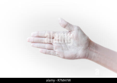 Les gestes, positions et expressions avec les mains et les doigts aussi peint en blanc avec fond blanc Banque D'Images