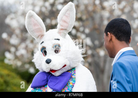 Washington DC, USA - 1 Avril 2018 : Easter Bunny costume et de personnes par la basilique du Sanctuaire national de l'église catholique de l'Immaculée Conception Banque D'Images