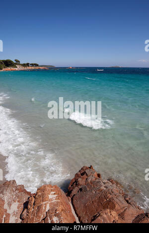 La célèbre plage de Palombaggia sur l'île de Corse avec ses rochers rouges typiques et l'eau turquoise. Banque D'Images