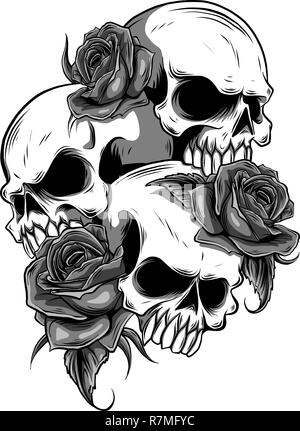 Crâne humain avec des roses dessiné dans le style de tatouage. Isolé sur blanc. Illustration de Vecteur