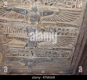 Sculptures peintes hieroglypic sur le mur à l'ancien temple égyptien de Kom Ombo Banque D'Images