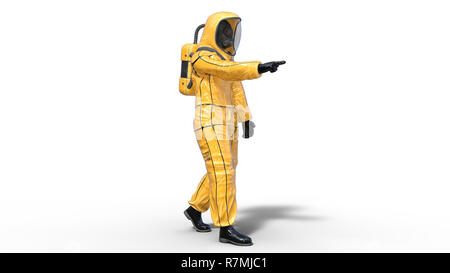 Homme portant un costume de protection, des droits de l'pointage hazmat avec masque à gaz habillés en tenue de biorisques protection chimiques et toxiques, rendu 3D Banque D'Images