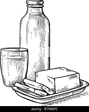 Petit-déjeuner sain croquis dessin verre bouteille de lait Lait Fromage vector illustration Illustration de Vecteur